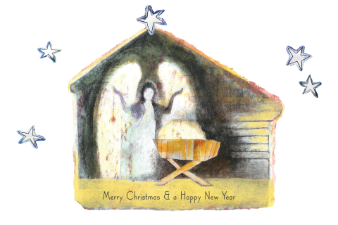 Kerstkaart illustratie kerststal met engel