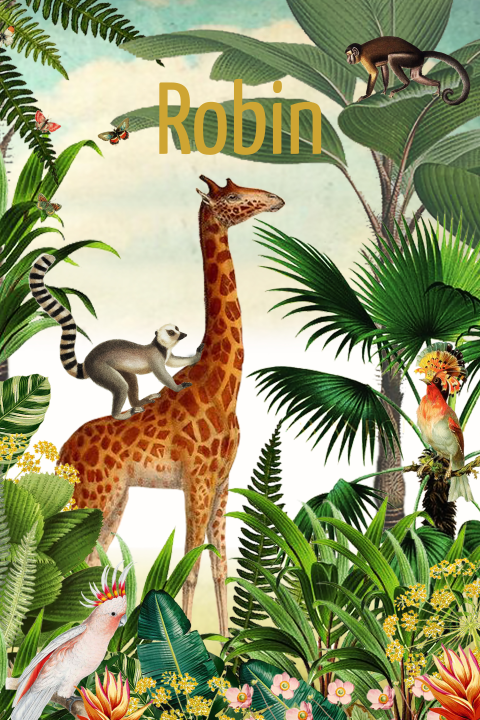 Geboortekaartje jungle met giraffe vogels en aapjes.