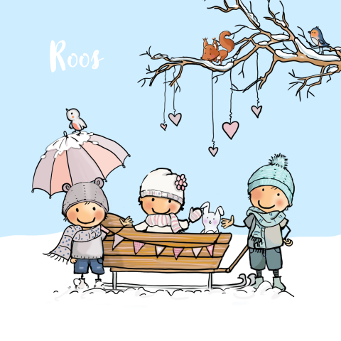 3e kindje geboortekaartje slee winter meisje