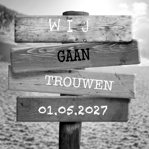 Trouwuitnodiging strandfeest met borden