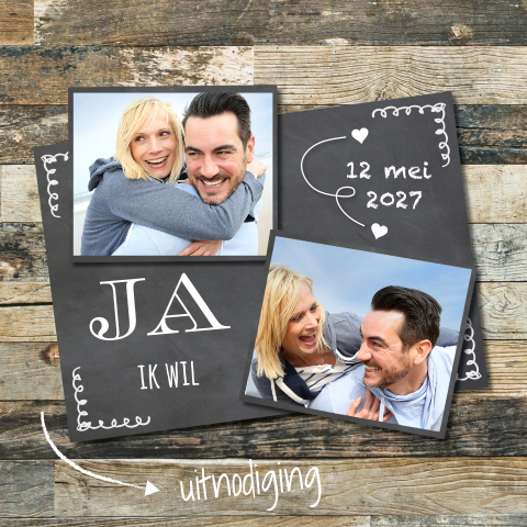 Hippe foto collage trouwkaart hout en krijtbord