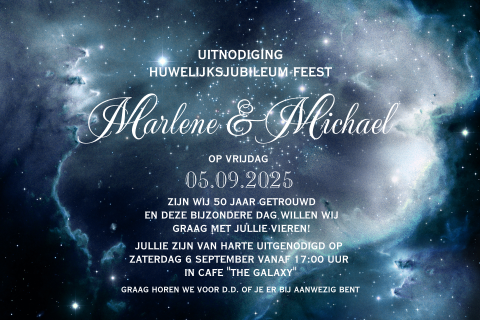 Originele uitnodiging 50 jarig jubileum met blauwe galaxy achtergrond