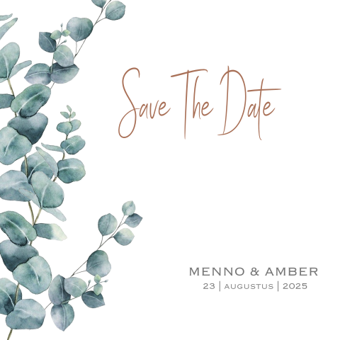 Mooie save the date kaart met geschilderde eucalyptus takjes