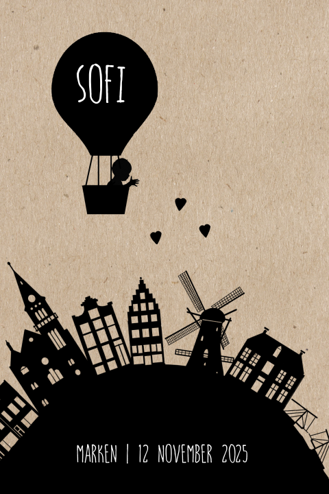 Stoer geboortekaartje voor een meisje in kraft met luchtballon