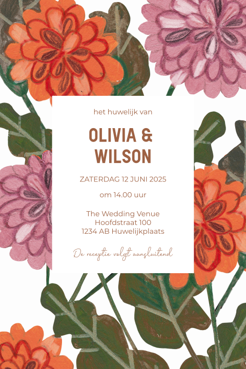 Trouwkaart met geschilderde bloemen roze met terra