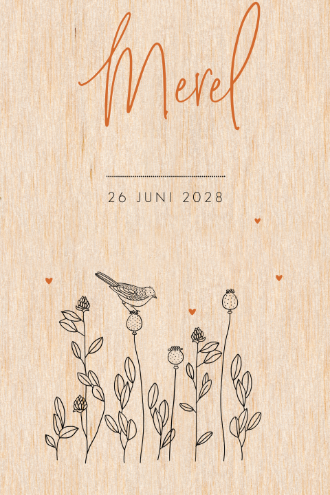 Houten geboortekaartje voor een meisje op echt hout