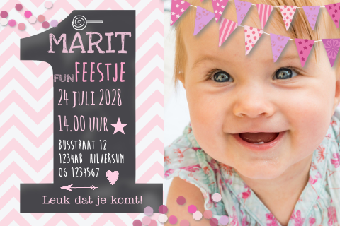 Uitnodiging kinderfeestje meisje met foto zigzag