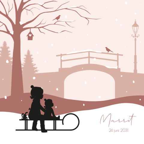 Geboortekaartje 2e kindje winter met silhouet zusjes op slee