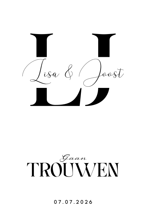 Zwart wit initialen trouwkaart