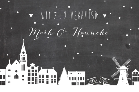 Hollandse kerst verhuiskaart krijtbord en kerstsfeer 