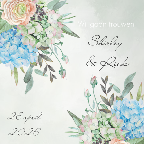 Trouwkaart romantische bloemen in blauw roze pastel
