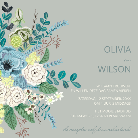 Trouwkaart bohemian chic zee groen bloemen