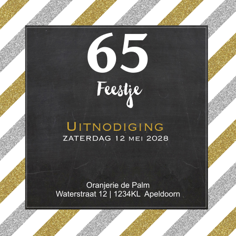 Uitnodiging verjaardag 65 jaar met goud en zilver look streep