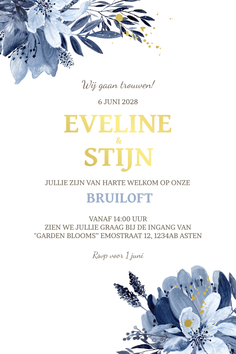 Uitnodiging voor een huwelijk delftsblauw staand goudfolie