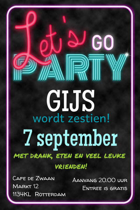 Hippe uitnodiging sweet 16 in neon met leuke kleuren