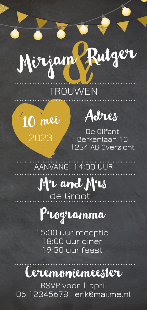 Langwerpige hippe trouwkaart krijtbord met lichtsnoer