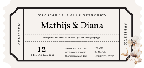 Hippe jubileum 12,5 uitnodiging in de vorm van een ticket