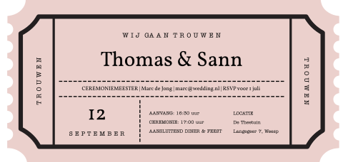 Hippe trouwkaart gestanst in de vorm van een ticket
