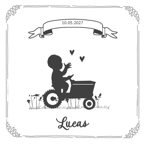 Silhouet geboortekaart jongen op een tractor
