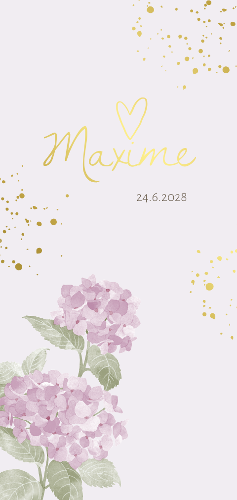 Waterverf geboortekaartje meisje met bloemen hortensia