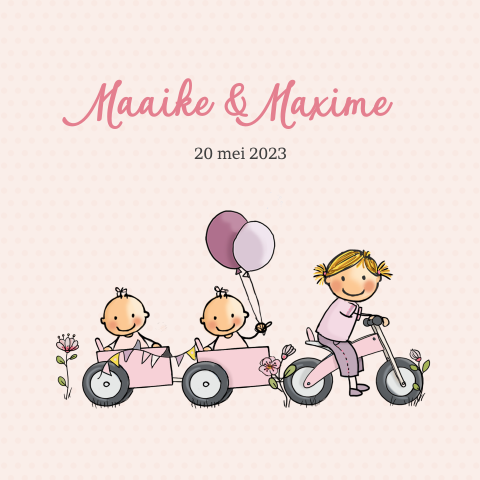 Getekend geboortekaartje tweeling meisjes met loopfiets