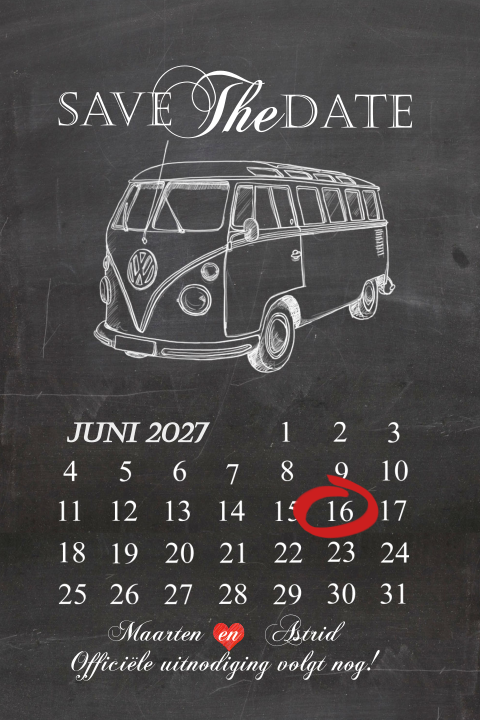 Hippe Save the Date kaart krijtbord met vw busje