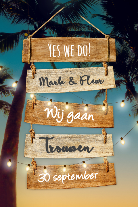 Trouwkaart met palmbomen en lichtjes
