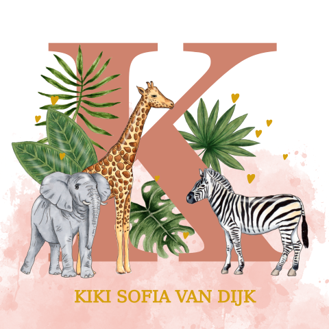 Geboortekaartje safari dieren letter goudfolie roze