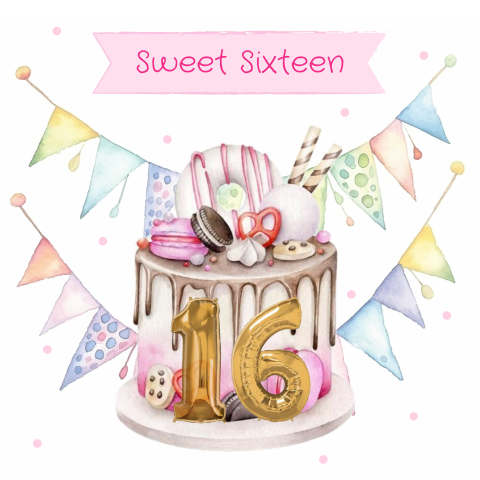 Sweet sixteen uitnodiging voor een 16e verjaardag met taart 