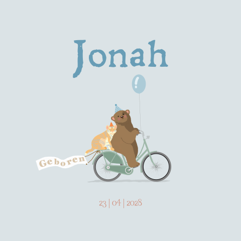 Geboortekaartje jongen op de fiets met beertje en tijgertje