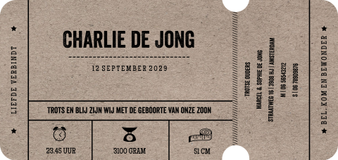 Unisex geboortekaartje in echte ticket vorm met kraft look
