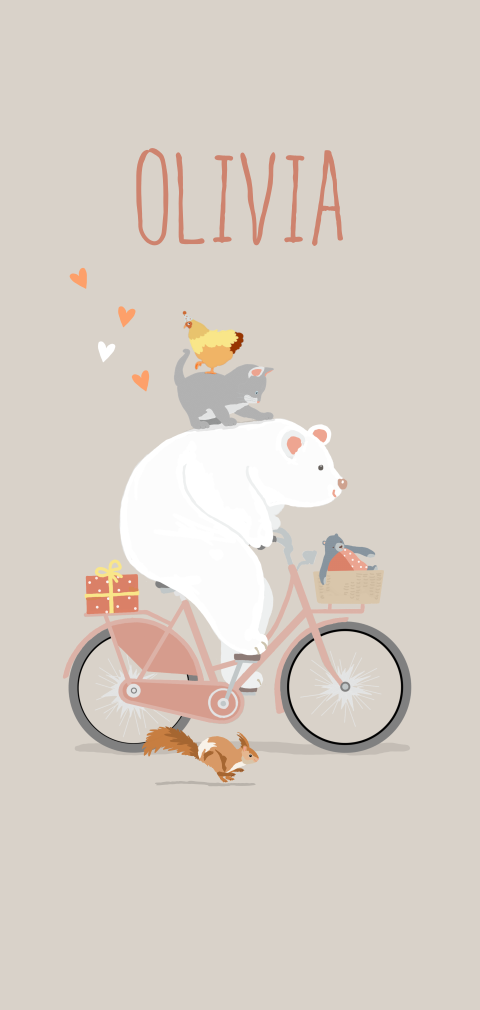 Geboortekaartje fietstoren met beertje, eekhoorn, katje en kipje