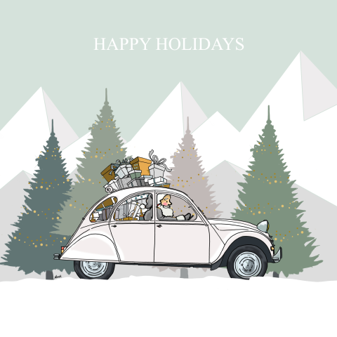 Kerstkaart witte citroen 2CV