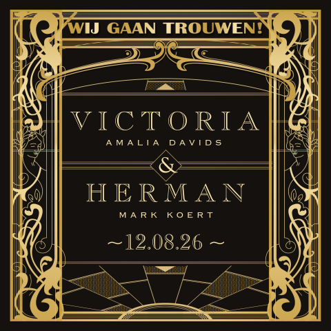Great Gatsby trouwkaart in Art Deco stijl zwart goud