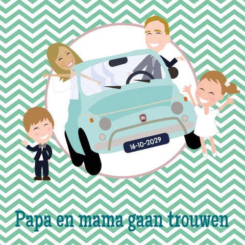 Trouwkaart groene chevron fiat 500 en eigen cartoons