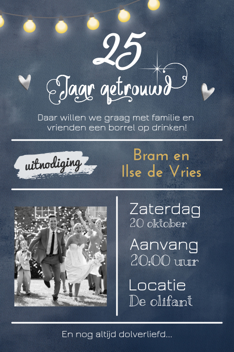 Uitnodiging 25 jaar getrouwd blauw met typografie
