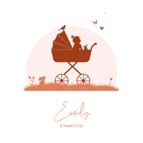 Geboortekaartje meisje met silhouet van een baby in kinderwagen