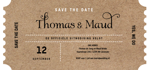 Save the date kaart in ticket vorm gestanst