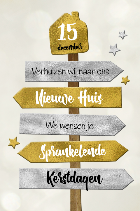 Kerst Verhuiskaart wegwijzer houten bordjes met huisje