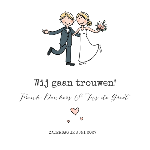 Leuke trouwkaart met leuk getekend bruidspaar
