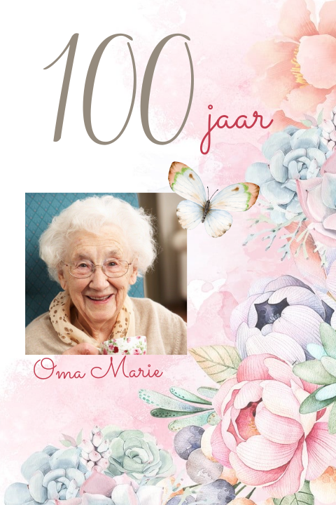 Uitnodiging verjaardag vrouw 100e met bloemen en eigen foto