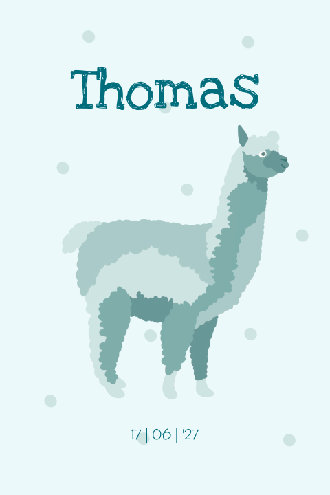 Geboortekaartje jongetje met getekende Alpaca blauw