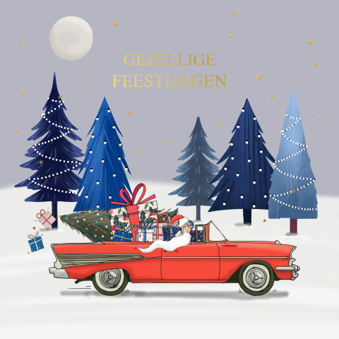 Kerstkaart Amerikaanse  Chevrolet Bell air met kerstman