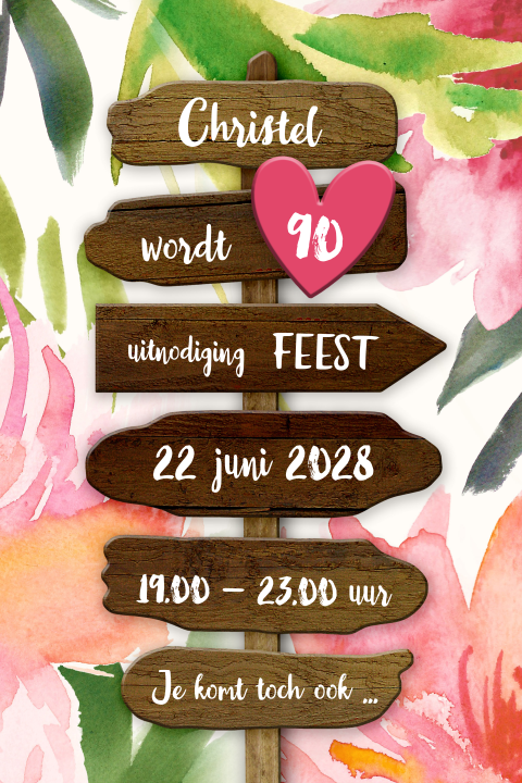 Uitnodiging 90 jaar Verjaardag Tropisch botanische houten wegwijzer