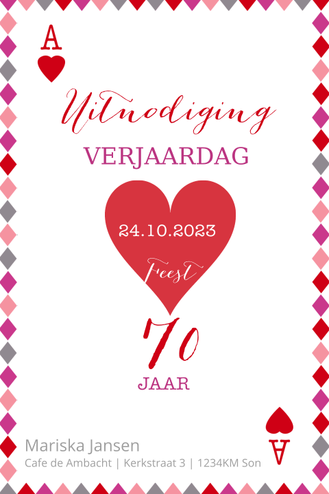 Uitnodiging kaartspel 70 jaar verjaardag kaart roze hart
