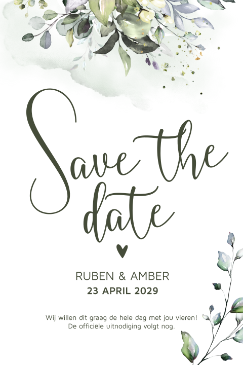 Save the date kaartjes trouwkaart watercolour takjes