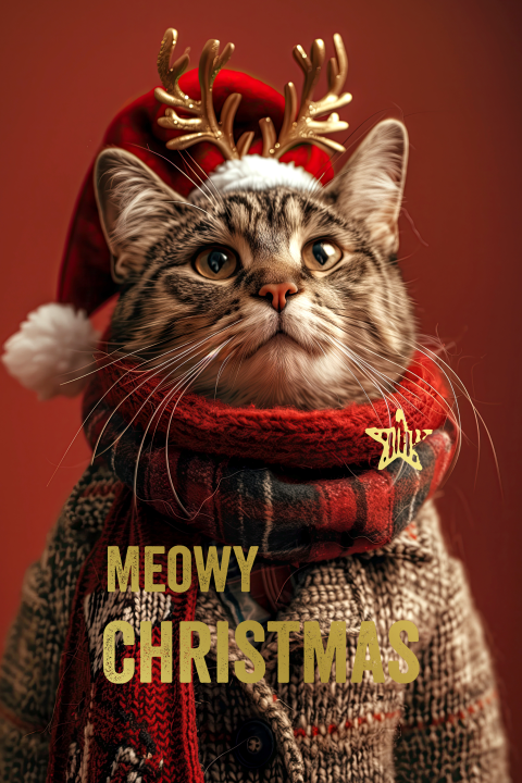 Kerstkaart Meowy Christmas Rendier Poes vest