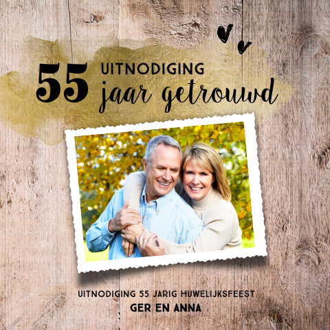 Hippe jubileum uitnodiging 55 jaar met goud en hout