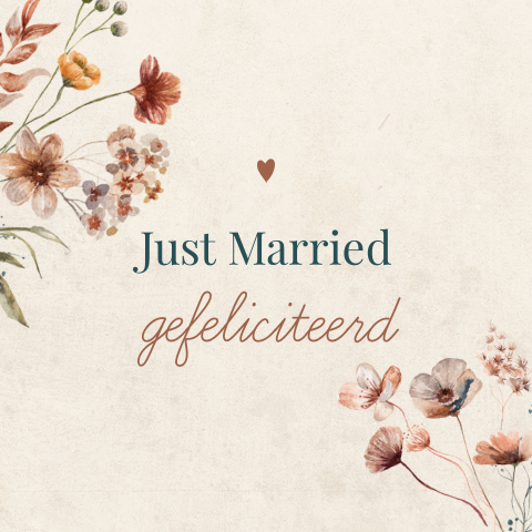 Wenskaart huwelijk getrouwd met geschilderde bloemen