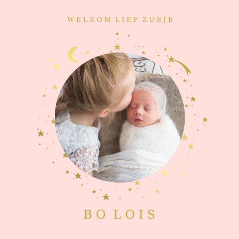 Geboortekaartje zusje met maan sterren foto goudfolie